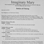 Imaginary Mary Filming Notice for March 1st Homer Street and Brix