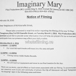 Imaginary Mary Filming Notice for March 1st at Studio Records Vancouver