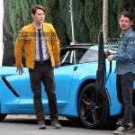 Samuel Barnett & Elijah Wood on set of Dirk Gently