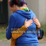 Samuel Barnett & Max Landis share a hug on set of Dirk Gently