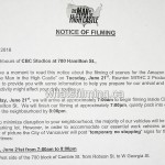 The Man in the High Castle Filming Notice June 21, 2016 CBC Studios Vancouver