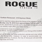 Rogue Filming Notice July 18, 2016 Gotham Restaurant, Seymour St, Vancouver