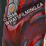 Closeup of the Red Ranger suit’s lower torso