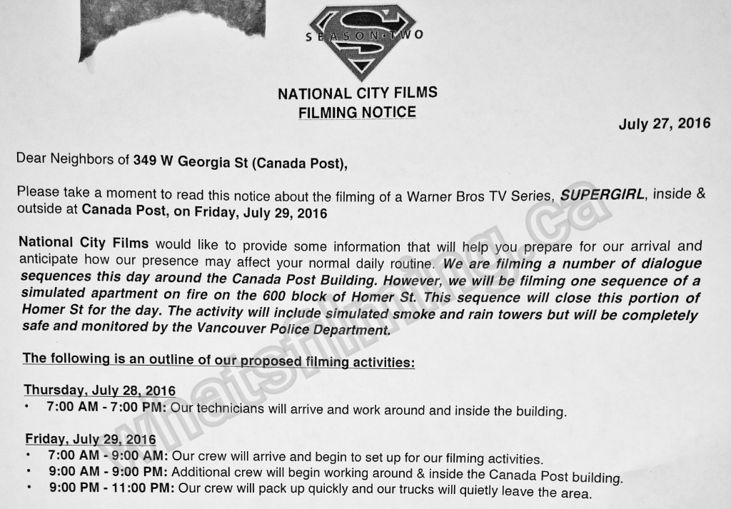 Supergirl Filming Notice July 29, 2016 at Canada Post Building and Homer Street, Vancouver