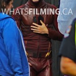 Grant Gustin in the Flash suit after filming a scene for The Flash season 3 episode 3