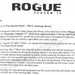 Rogue Filming Notice August 11, 2016 at Astoria Hotel on E Hastings St in Vancouver