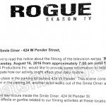 Rogue Filming Notice August 16, 2016 at Smile Diner on W Pender St in Vancouver