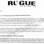 Rogue Filming Notice August 25th at Victory Square and 198 W Hastings St, Vancouver