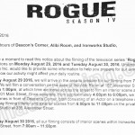 Rogue Filming Notice August 29-30, 2016 at Deacon’s Corner, Alibi Room & Ironworks Studio in Vancouver