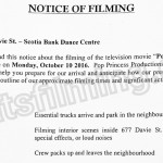 Pop Star Filming Notice October 10, 2016 at Scotiabank Dance Centre on Davie St in Vancouver