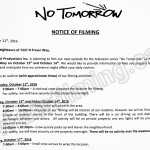 No Tomorrow Filming Notice October 13-14, 2016 at 7337 N Fraser Way in Burnaby
