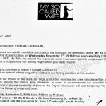 My So Called Wife Filming Notice for November 2, 2016 at 110 E Cordova St in Gastown, Vancouver