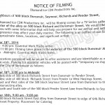 Ice Filming Notice November 18, 2016 at Richards & Dunsmuir St alley in Vancouver