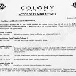 Colony Filming Notice for October 11th at 7185 W 11th Ave in Burnaby