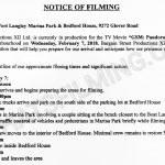 Garage Sale Mystery Filming Notice for February 7, 2018 at Fort Langley Marina Park & Bedford House on Glover Road